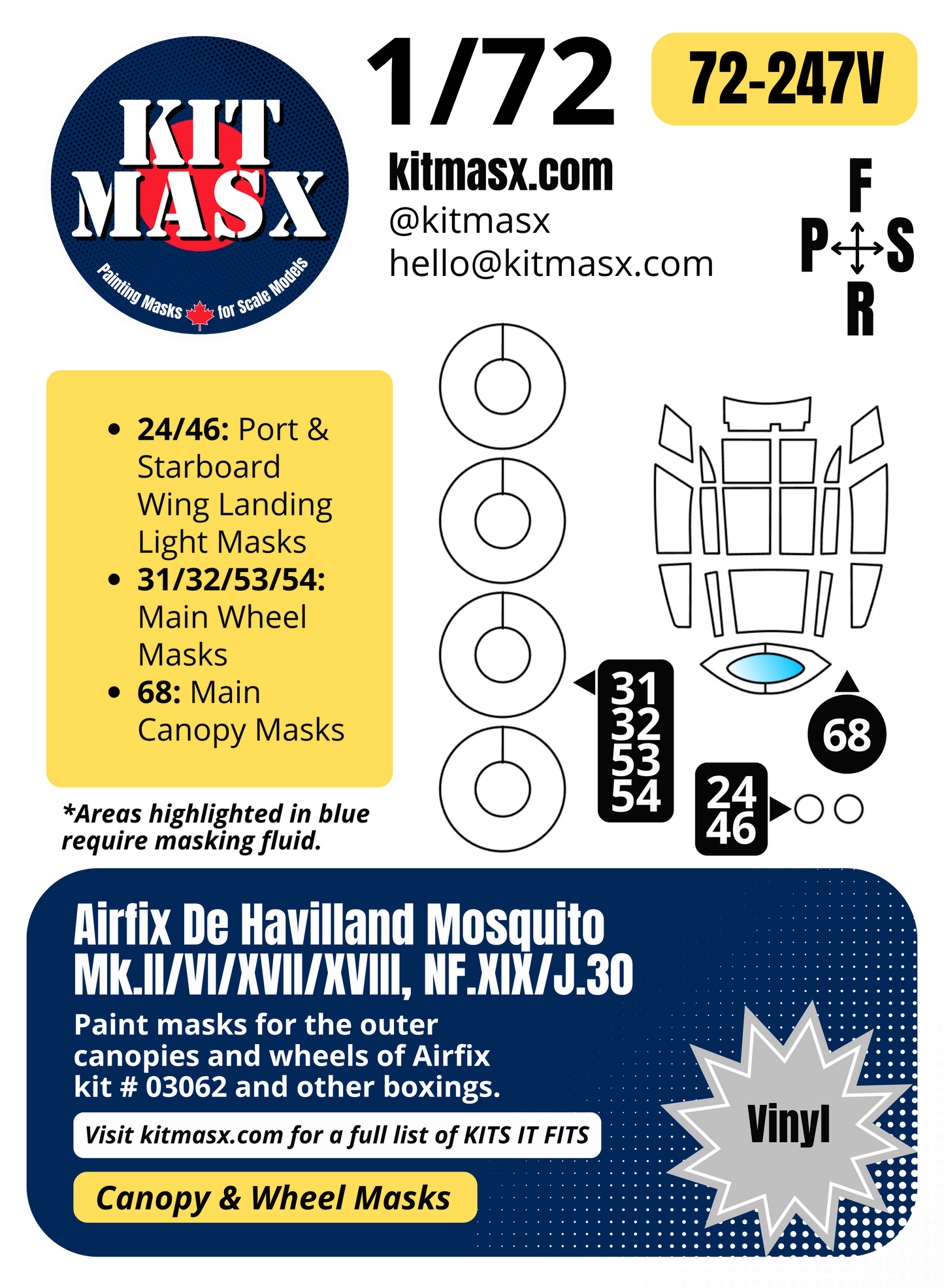 Airfix De Havilland Mosquito Mk.II/VI/XVII/XVIII, NF.XIX/J.30 1/72 Canopy & Wheel Paint Masks, Kit # 03062
