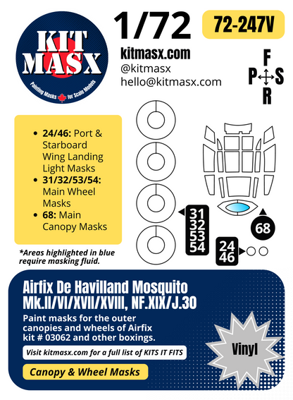 Airfix De Havilland Mosquito Mk.II/VI/XVII/XVIII, NF.XIX/J.30 1/72 Canopy & Wheel Paint Masks, Kit # 03062