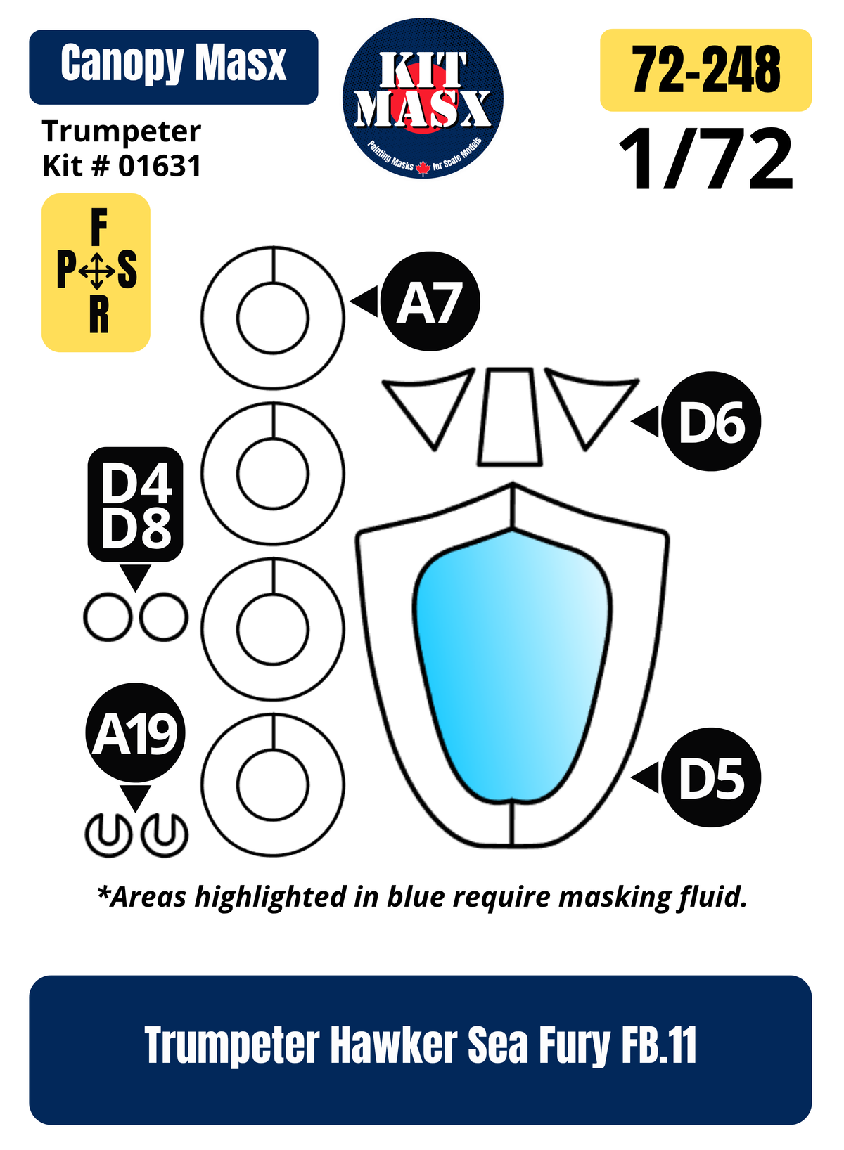 Trumpeter Hawker Sea Fury FB.11 1/72 Canopy & Wheel Paint Masks, Kit # 01631 (72248)