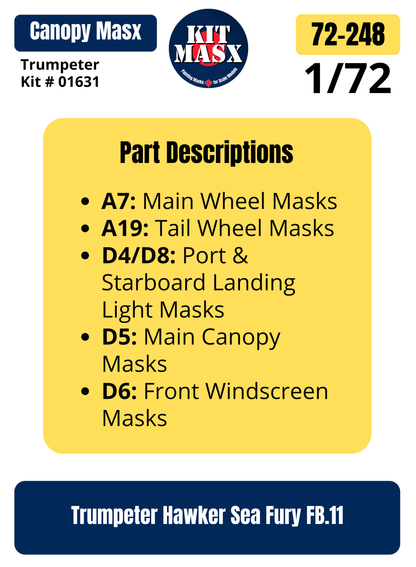 Trumpeter Hawker Sea Fury FB.11 1/72 Canopy & Wheel Paint Masks, Kit # 01631 (72248)