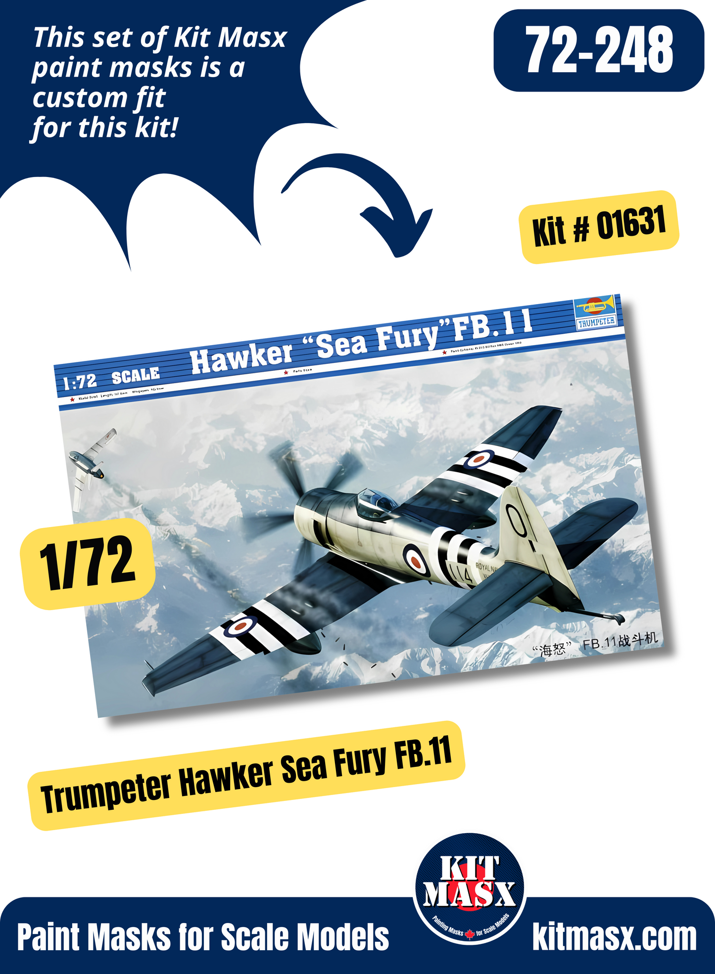 Trumpeter Hawker Sea Fury FB.11 1/72 Canopy & Wheel Paint Masks, Kit # 01631