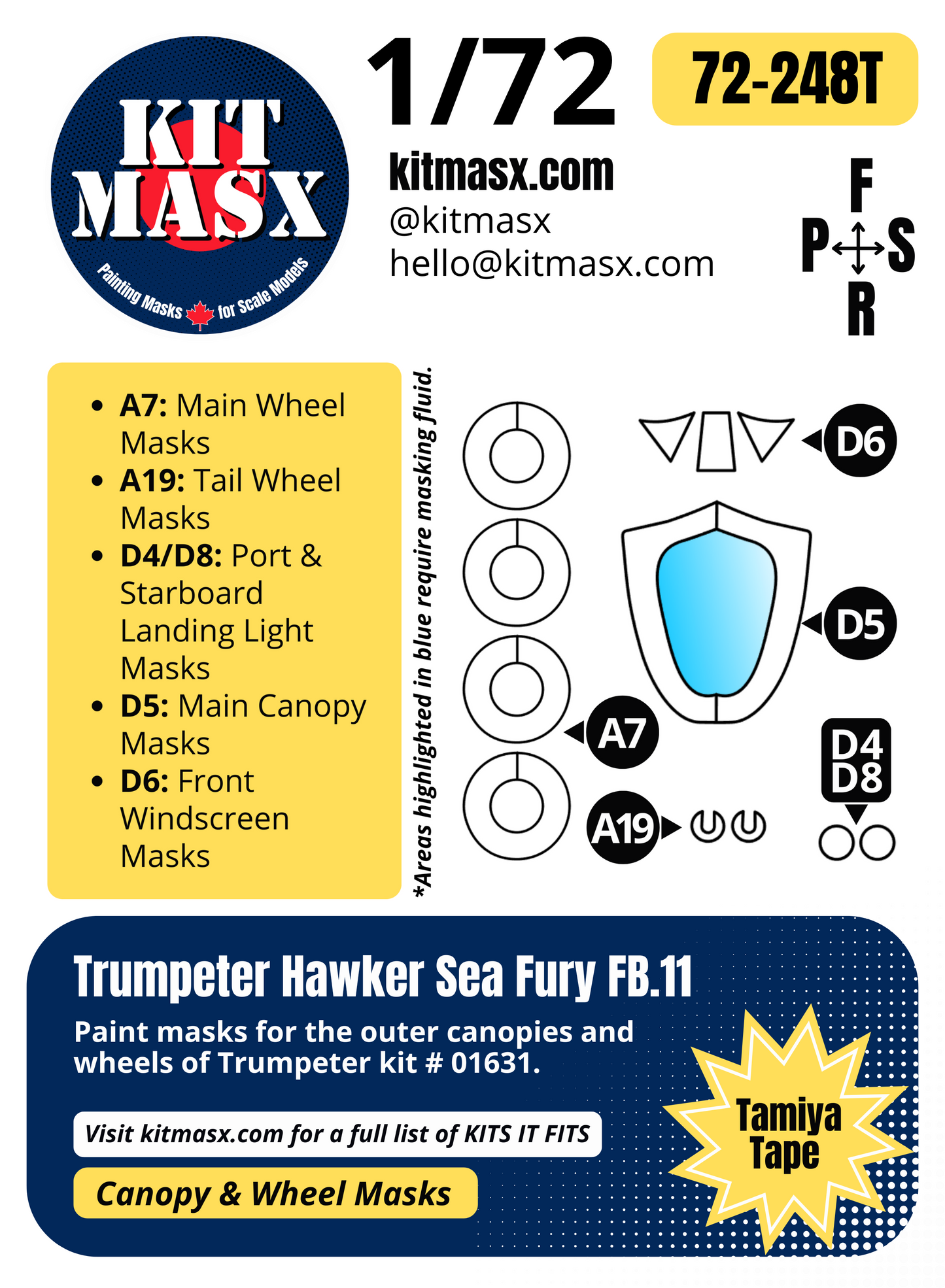 Trumpeter Hawker Sea Fury FB.11 1/72 Canopy & Wheel Paint Masks, Kit # 01631