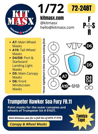 Trumpeter Hawker Sea Fury FB.11 1/72 Canopy & Wheel Paint Masks, Kit # 01631