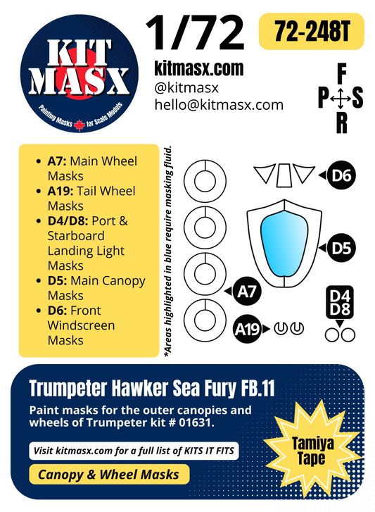 Trumpeter Hawker Sea Fury FB.11 1/72 Canopy & Wheel Paint Masks, Kit # 01631