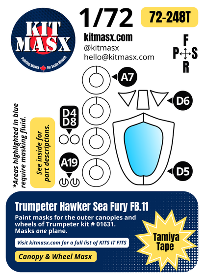 Trumpeter Hawker Sea Fury FB.11 1/72 Canopy & Wheel Paint Masks, Kit # 01631 (72248)