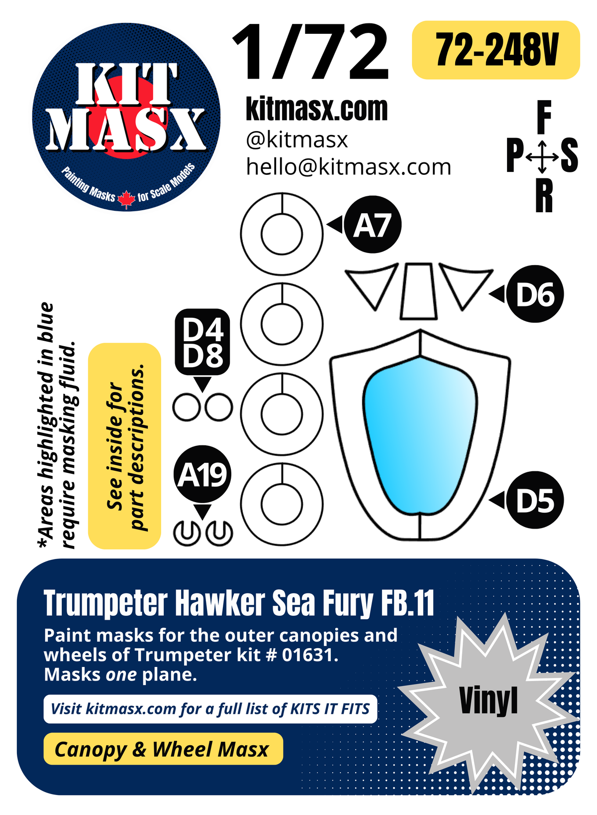 Trumpeter Hawker Sea Fury FB.11 1/72 Canopy & Wheel Paint Masks, Kit # 01631 (72248)