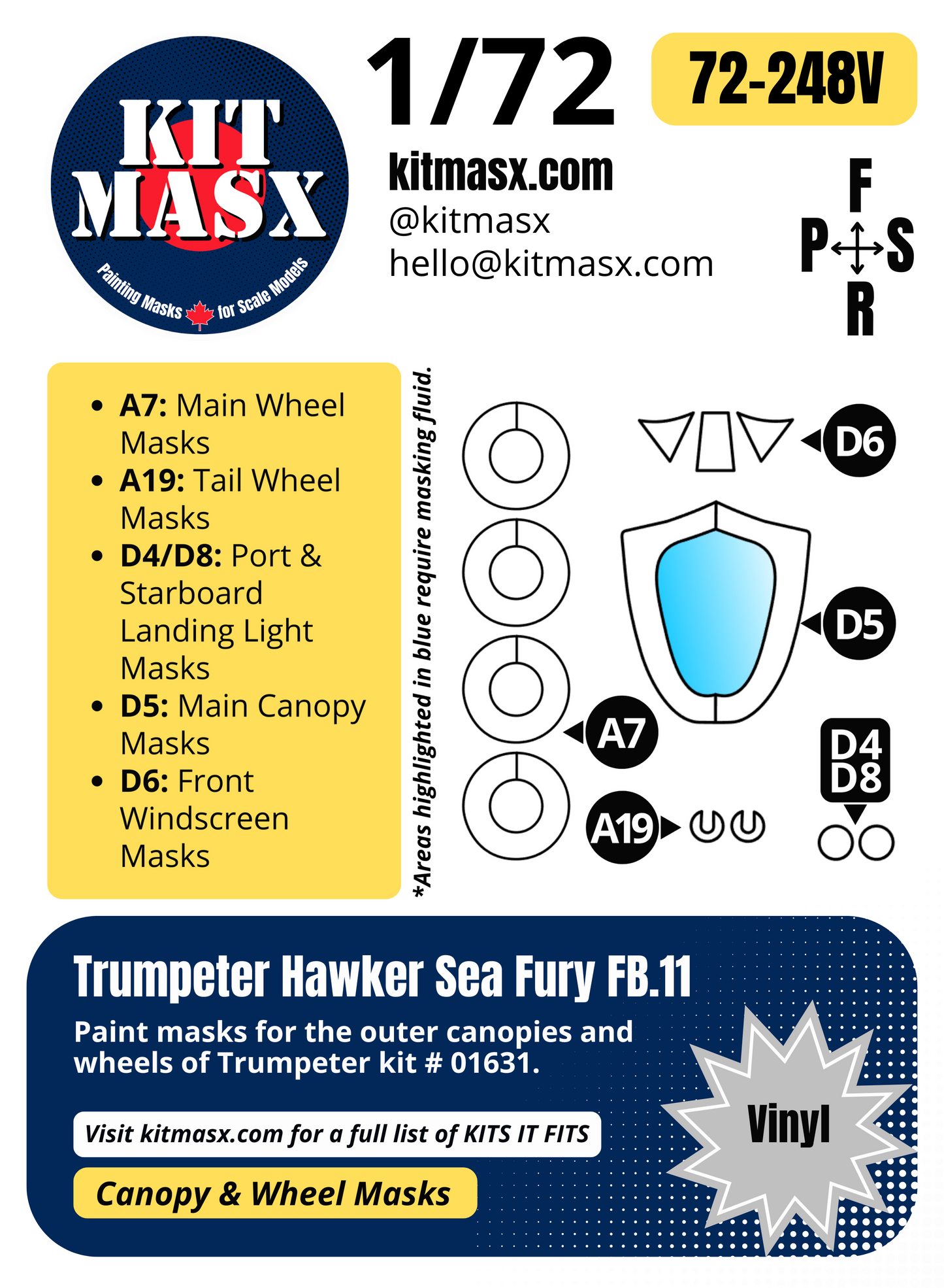 Trumpeter Hawker Sea Fury FB.11 1/72 Canopy & Wheel Paint Masks, Kit # 01631