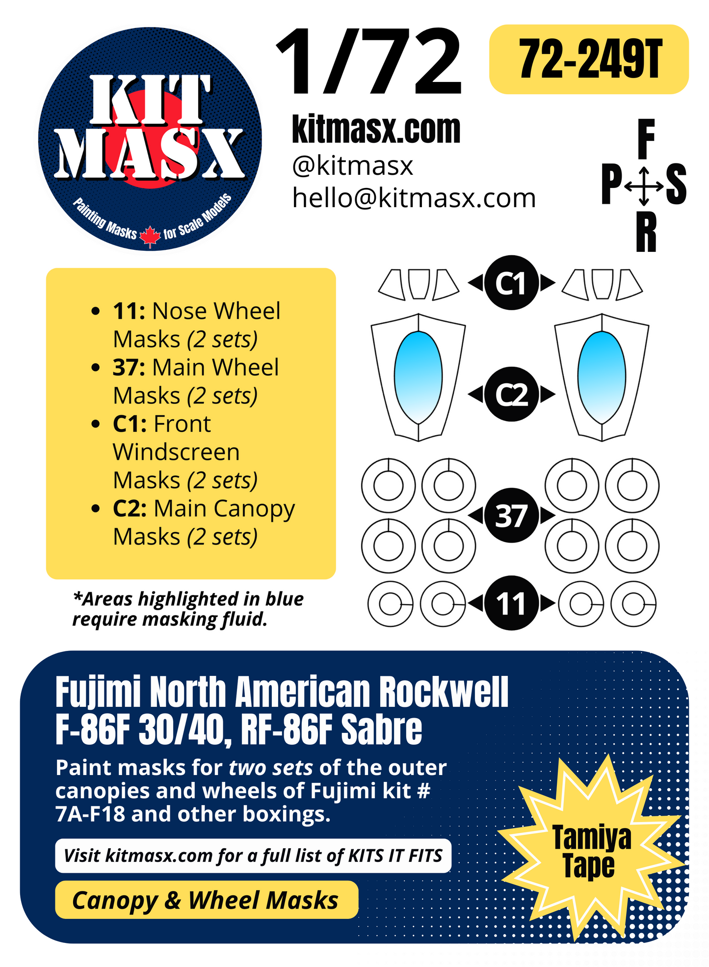 Fujimi North American Rockwell F-86F 30/40, RF-86F Sabre 1/72 Canopy & Wheel Paint Masks, Kit # 7A-F18