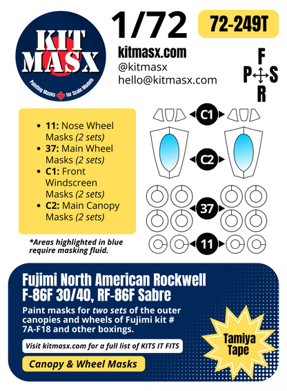 Fujimi North American Rockwell F-86F 30/40, RF-86F Sabre 1/72 Canopy & Wheel Paint Masks, Kit # 7A-F18