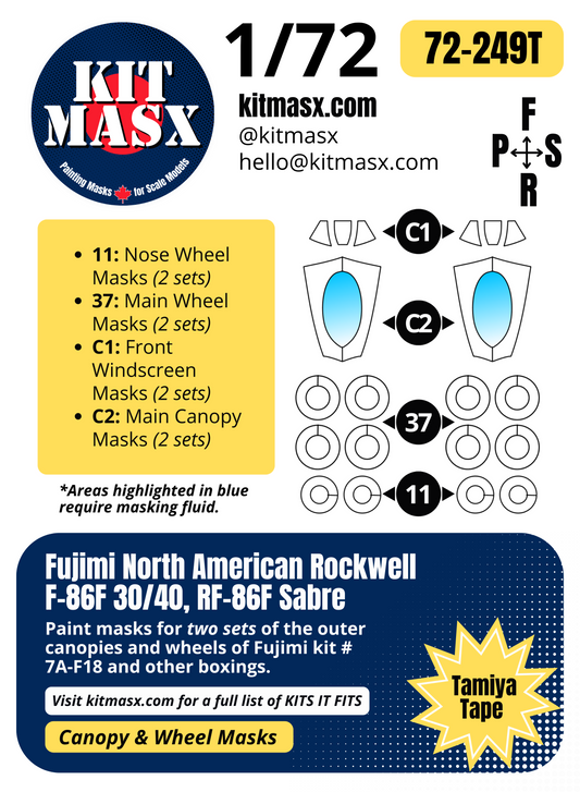 Fujimi North American Rockwell F-86F 30/40, RF-86F Sabre 1/72 Canopy & Wheel Paint Masks, Kit # 7A-F18