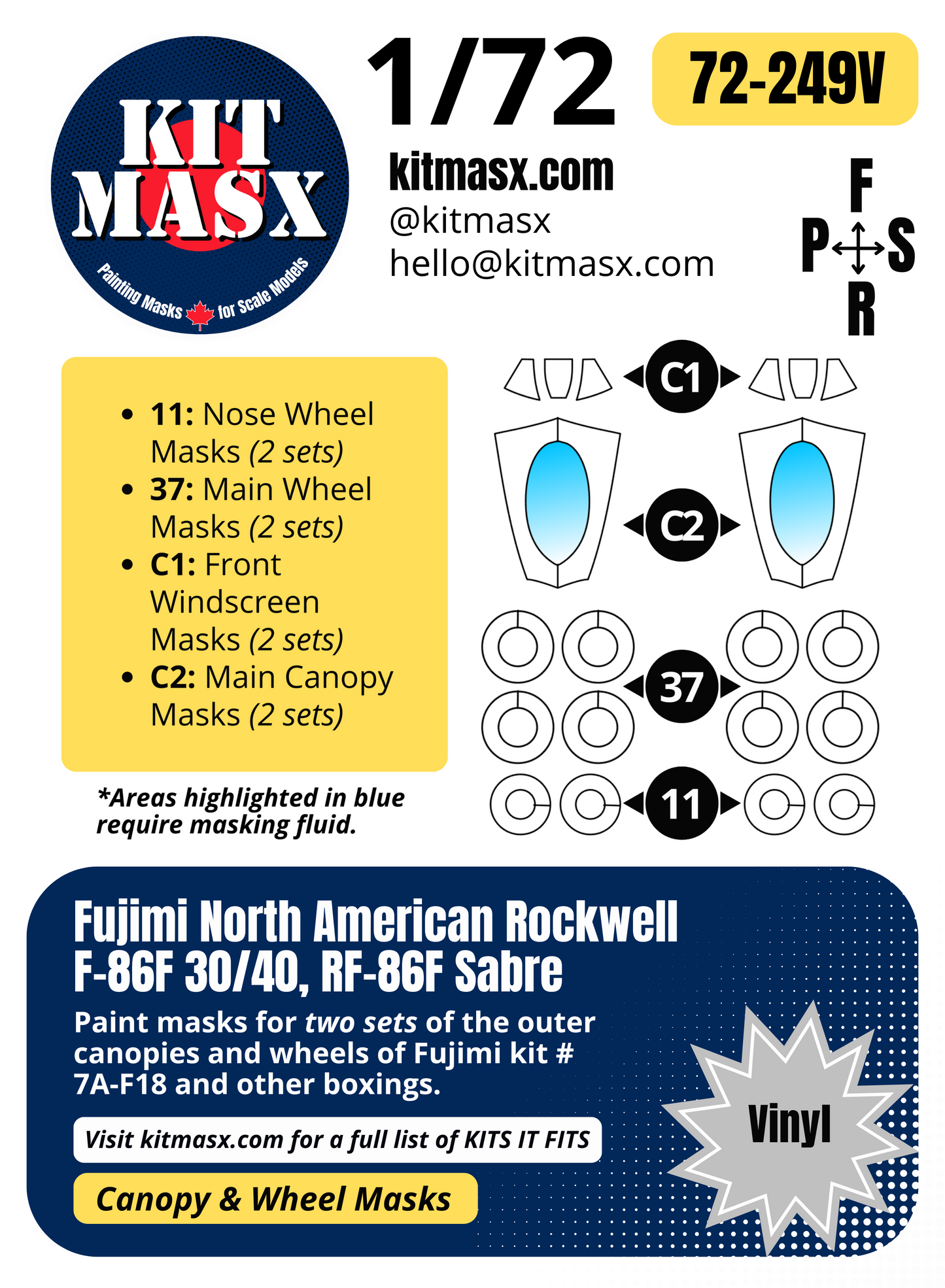 Fujimi North American Rockwell F-86F 30/40, RF-86F Sabre 1/72 Canopy & Wheel Paint Masks, Kit # 7A-F18