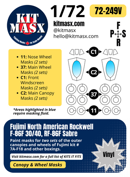 Fujimi North American Rockwell F-86F 30/40, RF-86F Sabre 1/72 Canopy & Wheel Paint Masks, Kit # 7A-F18