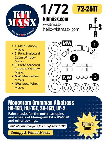 Monogram Grumman Albatross HU-16B, HU-16E, SA-16B, UF-2 1/72 Canopy & Wheel Paint Masks, Kit # 85-0020