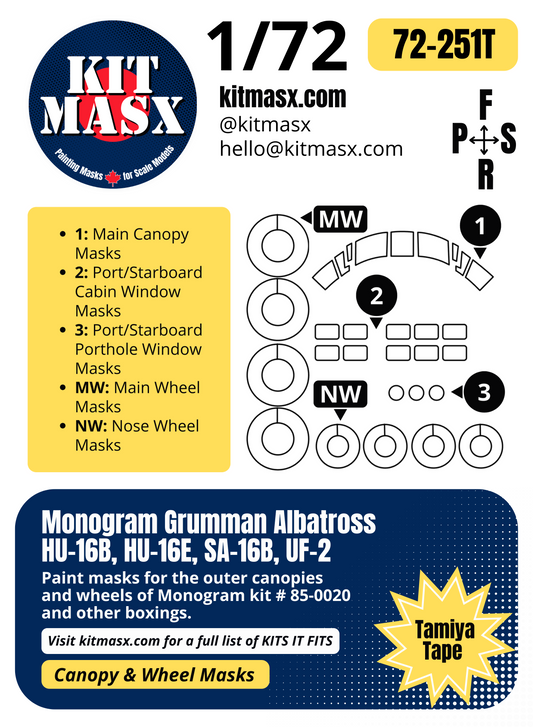 Monogram Grumman Albatross HU-16B, HU-16E, SA-16B, UF-2 1/72 Canopy & Wheel Paint Masks, Kit # 85-0020