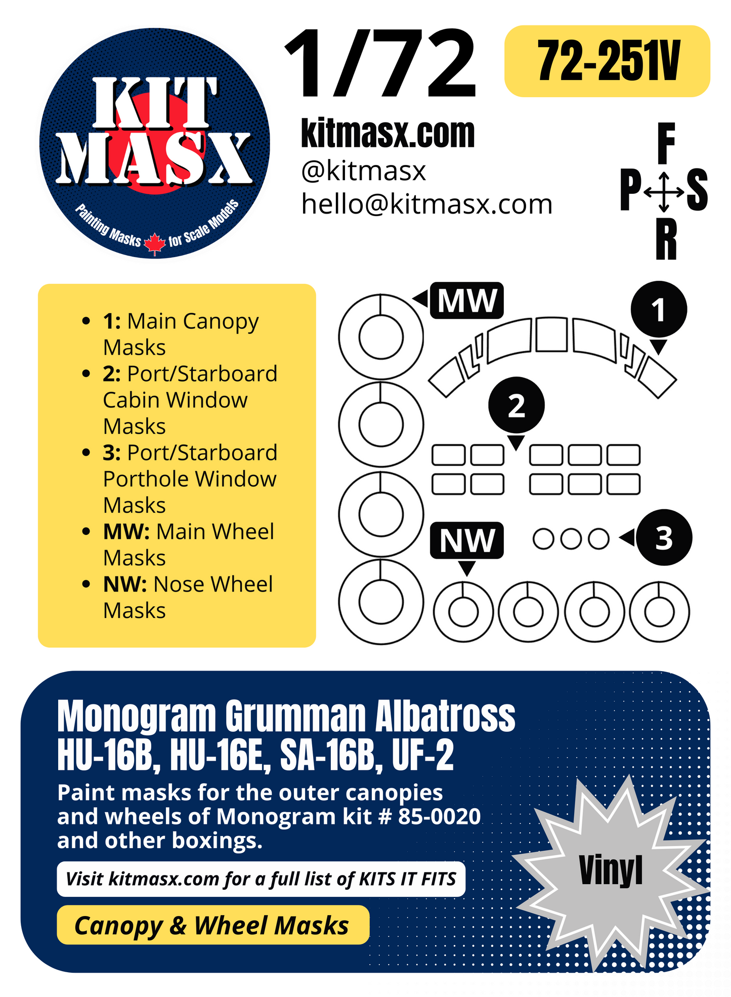 Monogram Grumman Albatross HU-16B, HU-16E, SA-16B, UF-2 1/72 Canopy & Wheel Paint Masks, Kit # 85-0020