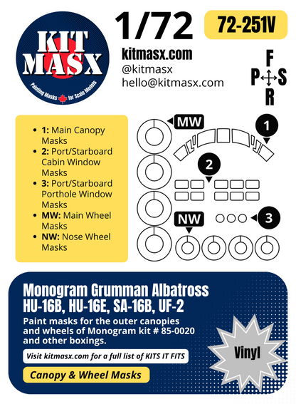 Monogram Grumman Albatross HU-16B, HU-16E, SA-16B, UF-2 1/72 Canopy & Wheel Paint Masks, Kit # 85-0020