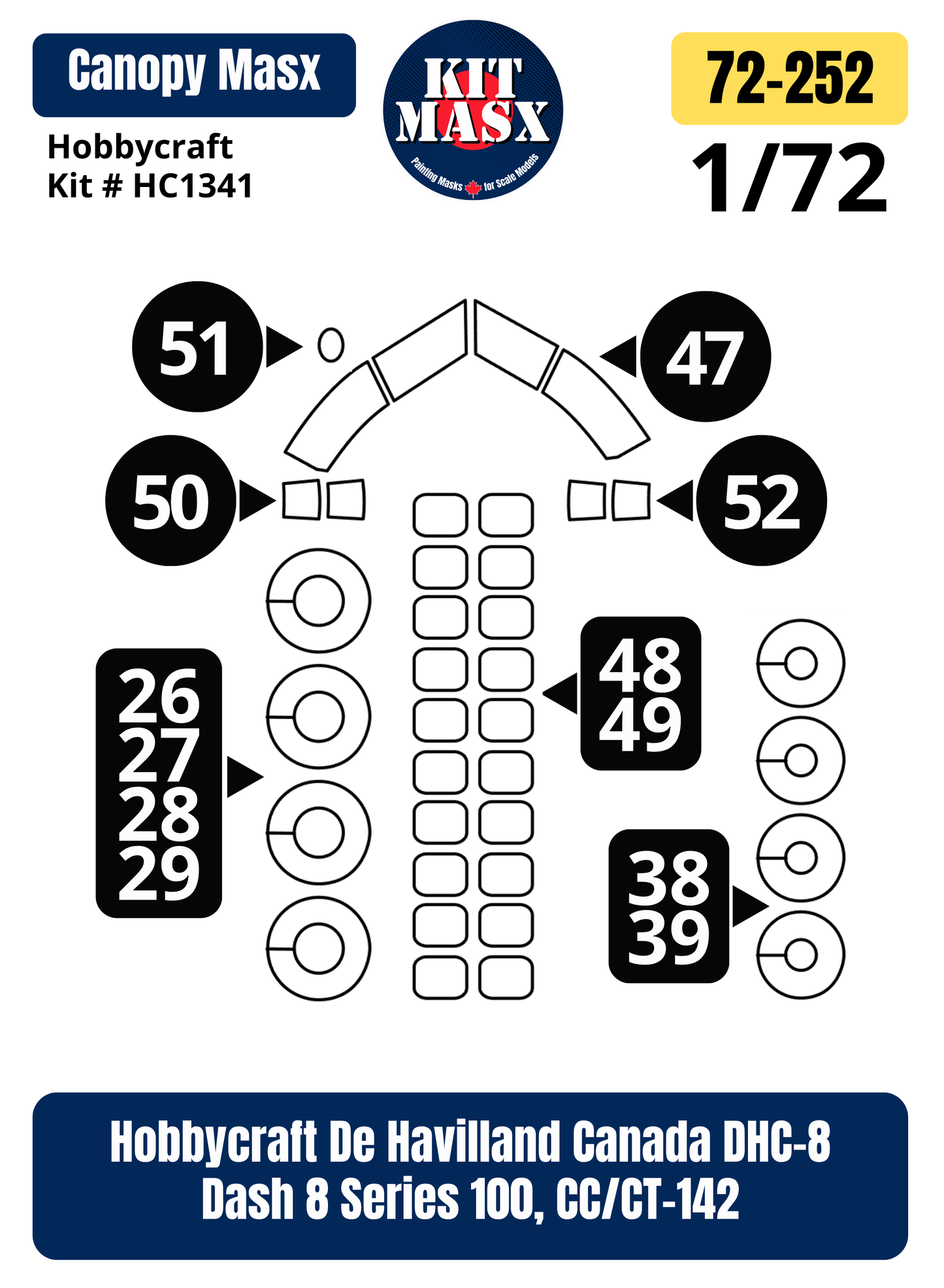 Hobbycraft De Havilland Canada DHC-8 Dash 8 Series 100, CC/CT-142 1/72 Canopy & Wheel Paint Masks, Kit # HC1341 (72252)