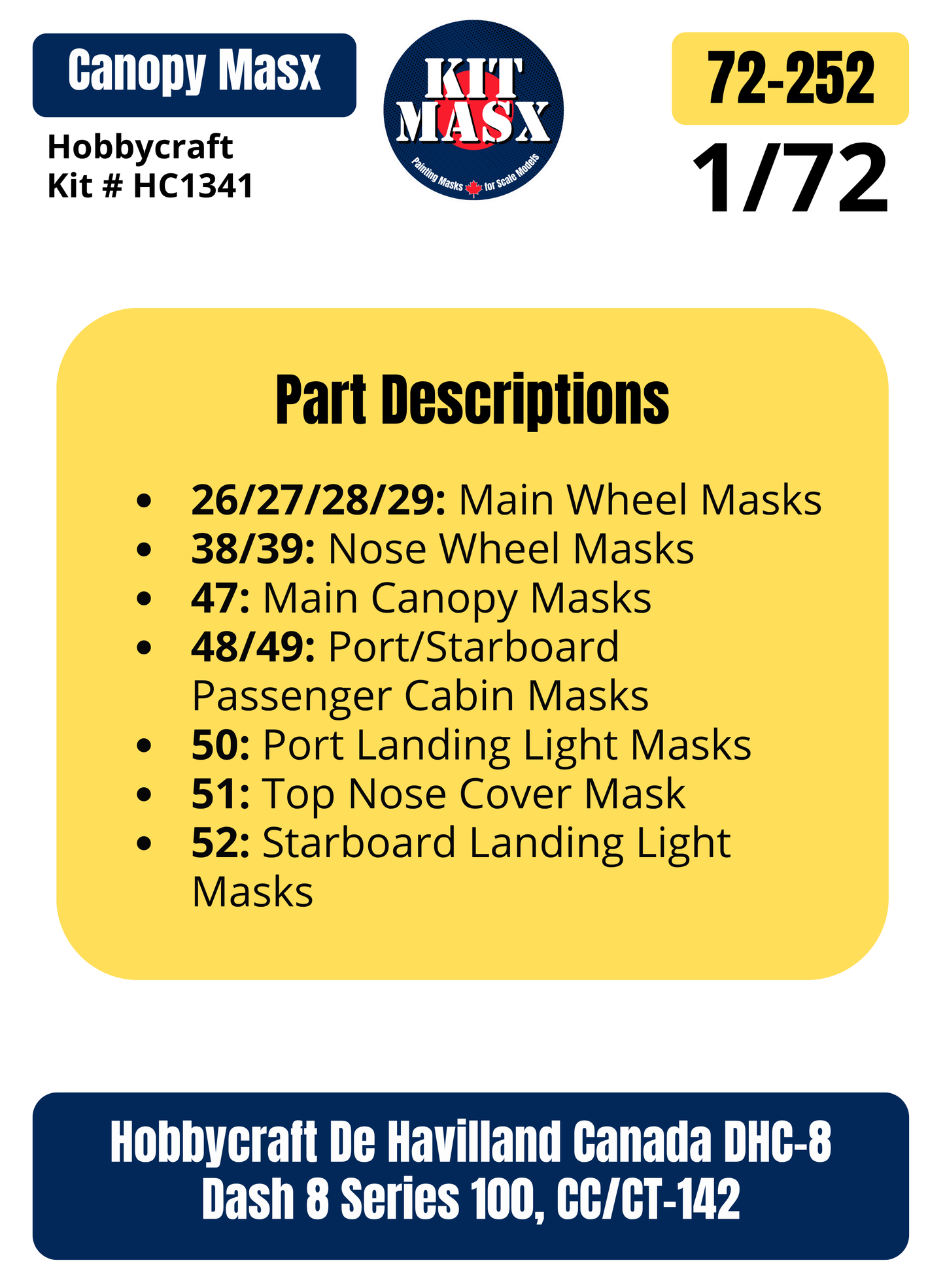 Hobbycraft De Havilland Canada DHC-8 Dash 8 Series 100, CC/CT-142 1/72 Canopy & Wheel Paint Masks, Kit # HC1341 (72252)