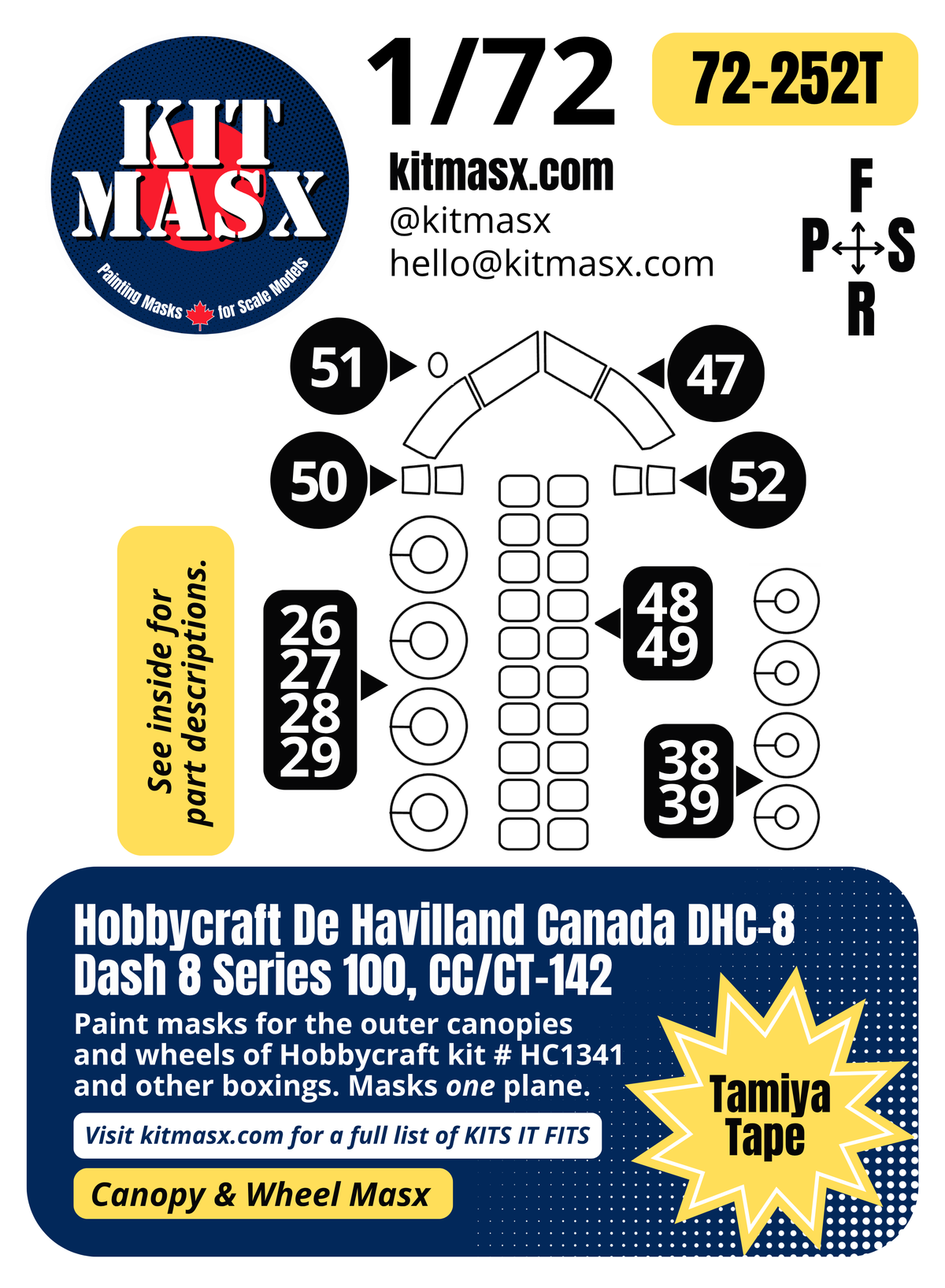 Hobbycraft De Havilland Canada DHC-8 Dash 8 Series 100, CC/CT-142 1/72 Canopy & Wheel Paint Masks, Kit # HC1341 (72252)