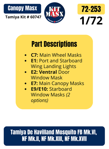 Tamiya De Havilland Mosquito FB Mk.VI, NF Mk.II, NF Mk.XIII, NF Mk.XVII 1/72 Canopy & Wheel Paint Masks, Kit # 60747 (72253)
