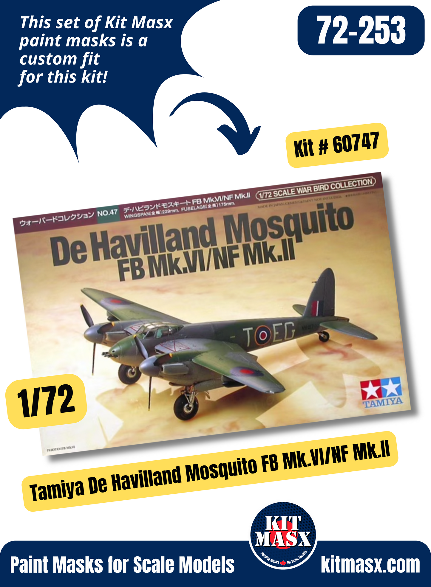 Tamiya De Havilland Mosquito FB Mk.VI, NF Mk.II, NF Mk.XIII, NF Mk.XVII 1/72 Canopy & Wheel Paint Masks, Kit # 60747