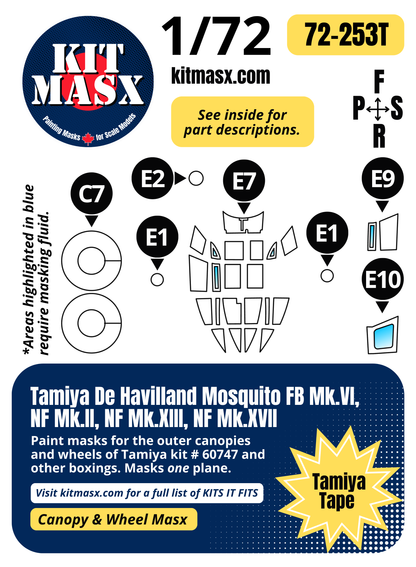 Tamiya De Havilland Mosquito FB Mk.VI, NF Mk.II, NF Mk.XIII, NF Mk.XVII 1/72 Canopy & Wheel Paint Masks, Kit # 60747 (72253)