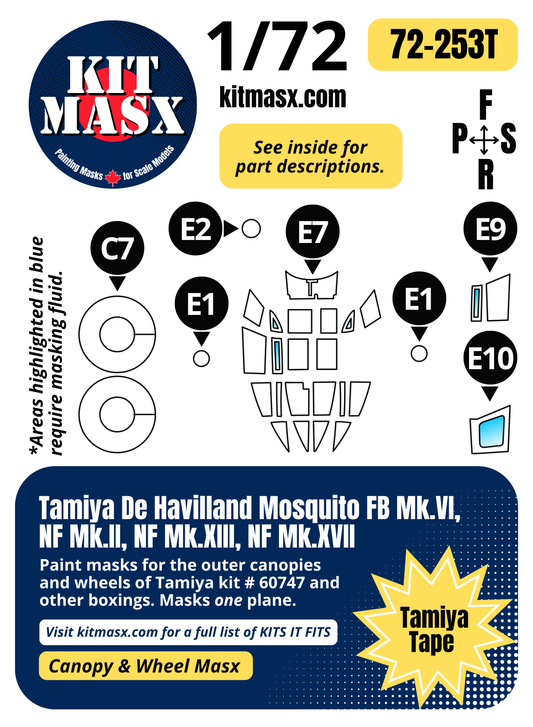 Tamiya De Havilland Mosquito FB Mk.VI, NF Mk.II, NF Mk.XIII, NF Mk.XVII 1/72 Canopy & Wheel Paint Masks, Kit # 60747 (72253)