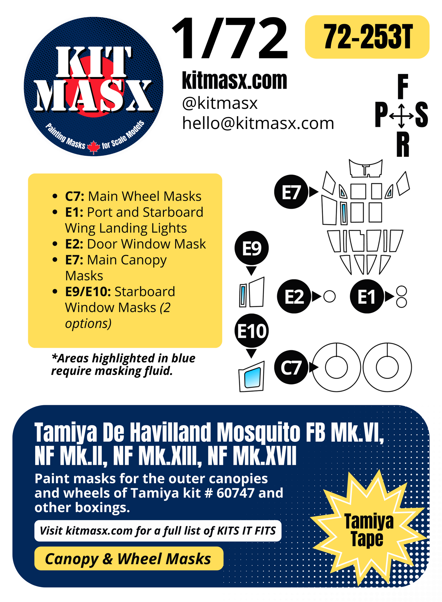 Tamiya De Havilland Mosquito FB Mk.VI, NF Mk.II, NF Mk.XIII, NF Mk.XVII 1/72 Canopy & Wheel Paint Masks, Kit # 60747
