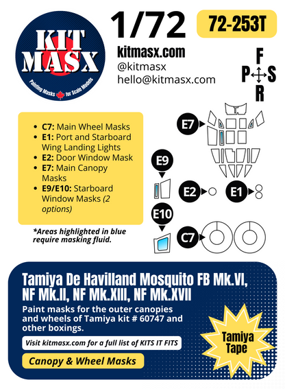 Tamiya De Havilland Mosquito FB Mk.VI, NF Mk.II, NF Mk.XIII, NF Mk.XVII 1/72 Canopy & Wheel Paint Masks, Kit # 60747