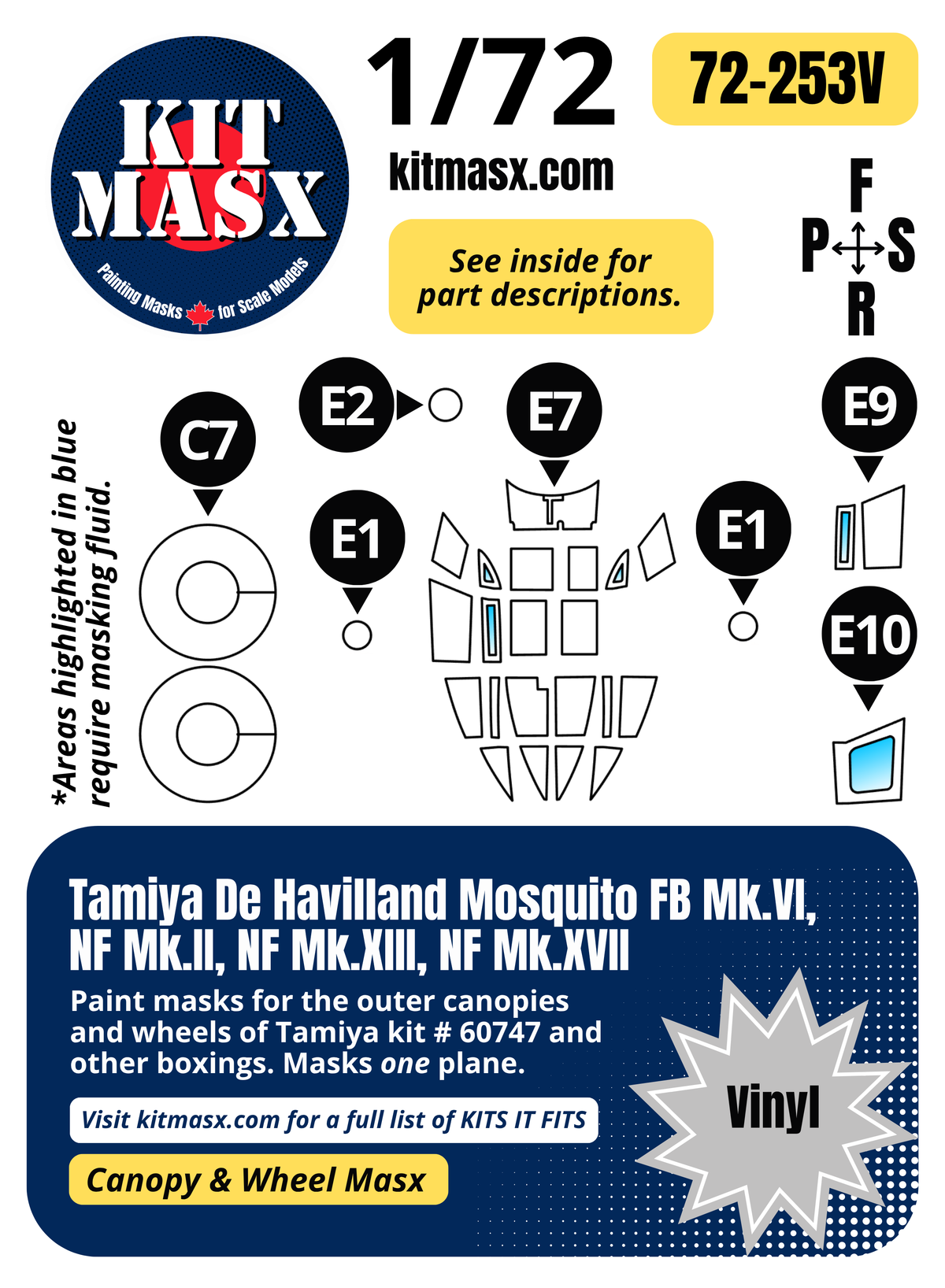 Tamiya De Havilland Mosquito FB Mk.VI, NF Mk.II, NF Mk.XIII, NF Mk.XVII 1/72 Canopy & Wheel Paint Masks, Kit # 60747 (72253)
