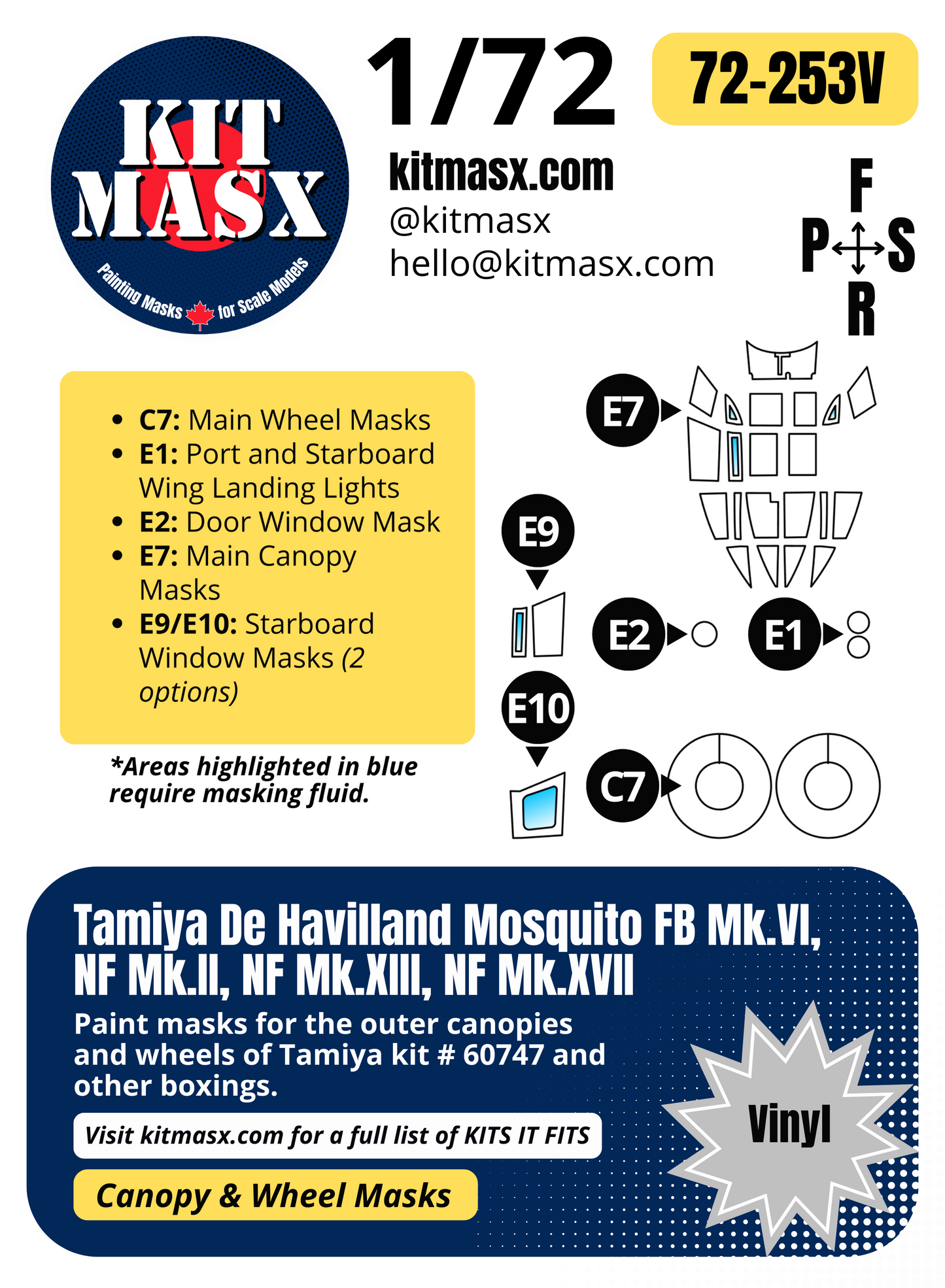 Tamiya De Havilland Mosquito FB Mk.VI, NF Mk.II, NF Mk.XIII, NF Mk.XVII 1/72 Canopy & Wheel Paint Masks, Kit # 60747