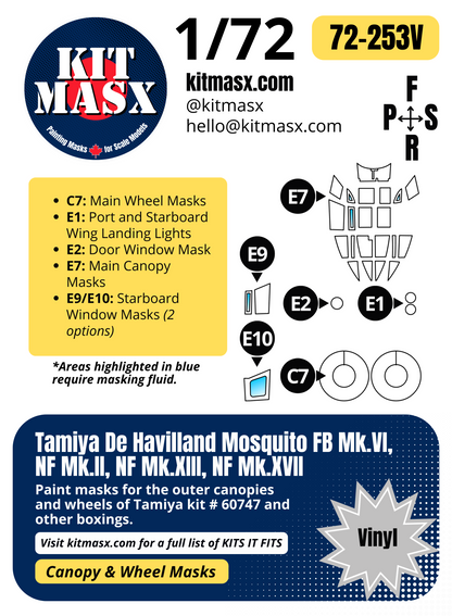 Tamiya De Havilland Mosquito FB Mk.VI, NF Mk.II, NF Mk.XIII, NF Mk.XVII 1/72 Canopy & Wheel Paint Masks, Kit # 60747