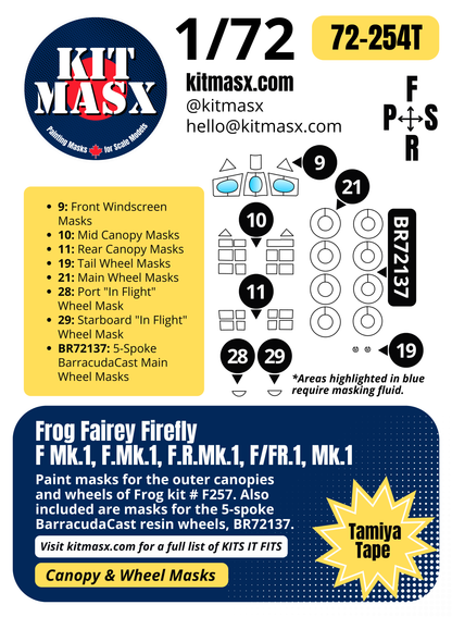 Frog Fairey Firefly F Mk.1, F.Mk.1, F.R.Mk.1, F/FR.1, Mk.1 1/72 Canopy & Wheel Paint Masks, Kit # F257