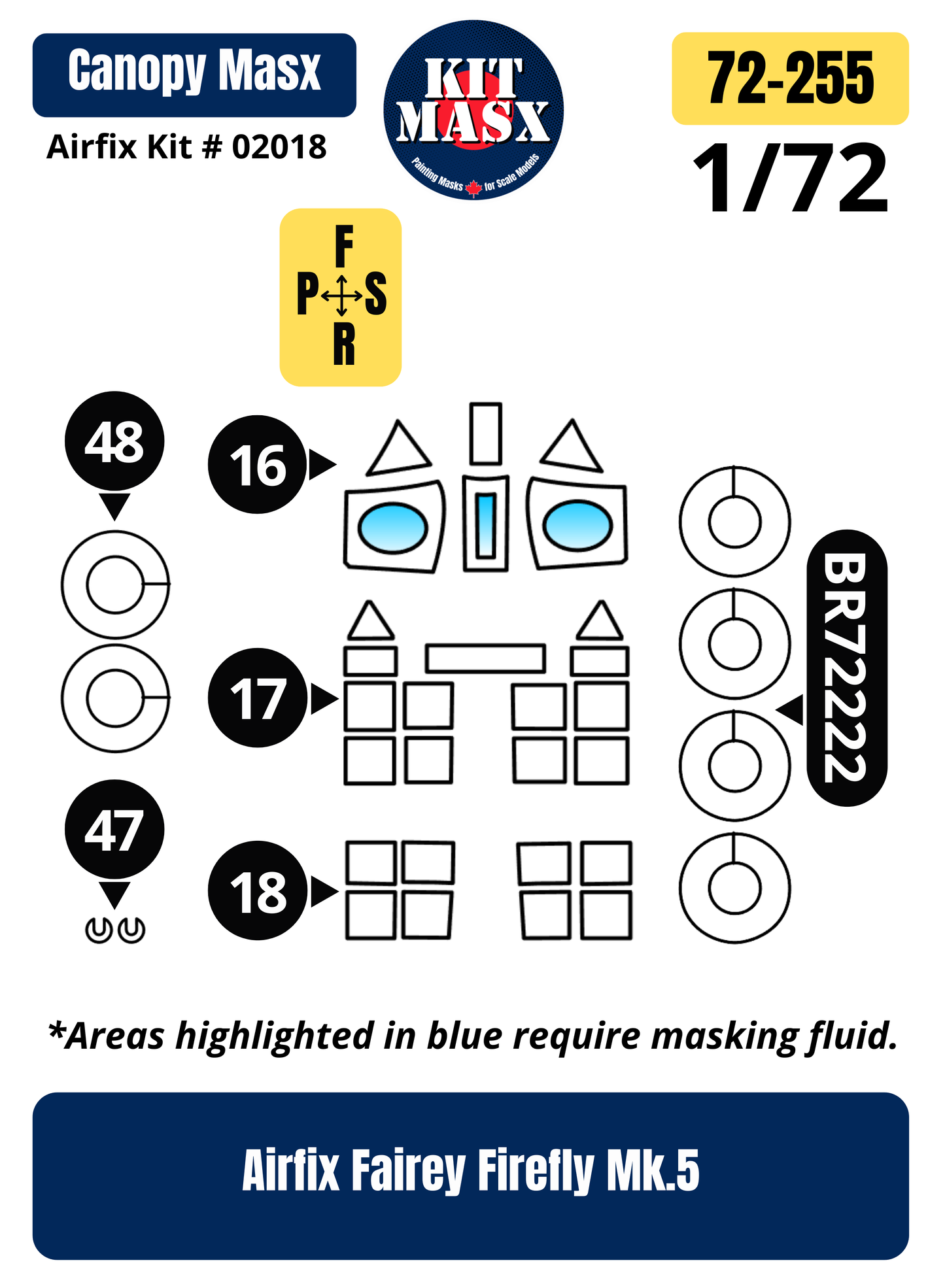 Airfix Fairey Firefly Mk.5 1/72 Canopy & Wheel Paint Masks, Kit # 02018 (72255)