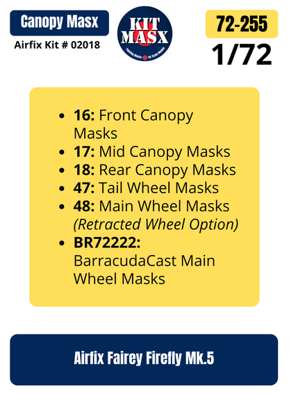 Airfix Fairey Firefly Mk.5 1/72 Canopy & Wheel Paint Masks, Kit # 02018 (72255)