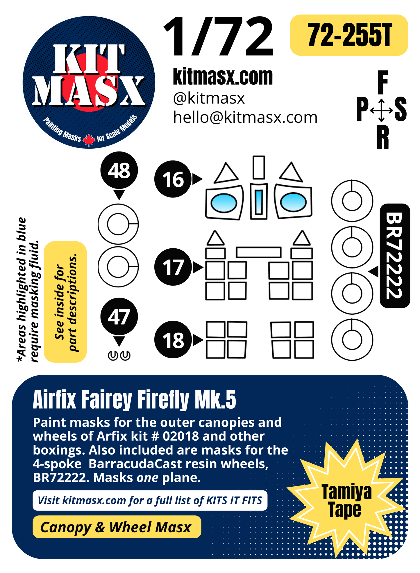 Airfix Fairey Firefly Mk.5 1/72 Canopy & Wheel Paint Masks, Kit # 02018 (72255)