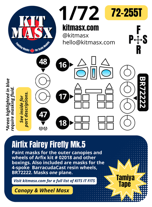 Airfix Fairey Firefly Mk.5 1/72 Canopy & Wheel Paint Masks, Kit # 02018 (72255)