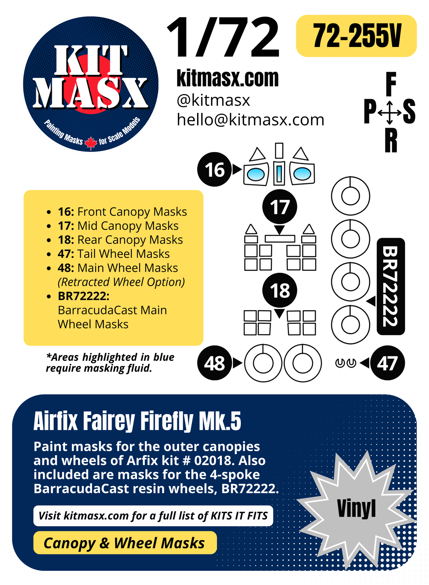 Airfix Fairey Firefly Mk.5 1/72 Canopy & Wheel Paint Masks, Kit # 02018