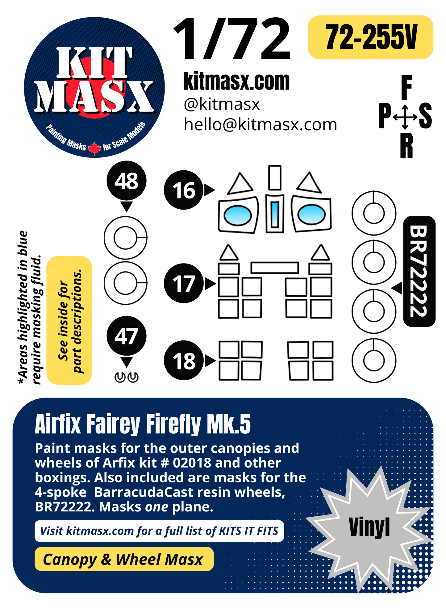 Airfix Fairey Firefly Mk.5 1/72 Canopy & Wheel Paint Masks, Kit # 02018 (72255)