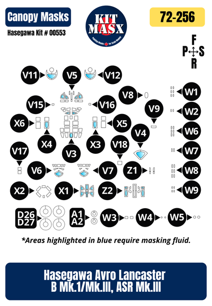 Hasegawa Avro Lancaster B Mk.1/Mk.III, ASR Mk.III 1/72 Canopy & Wheel Paint Masks, Kit # 00553
