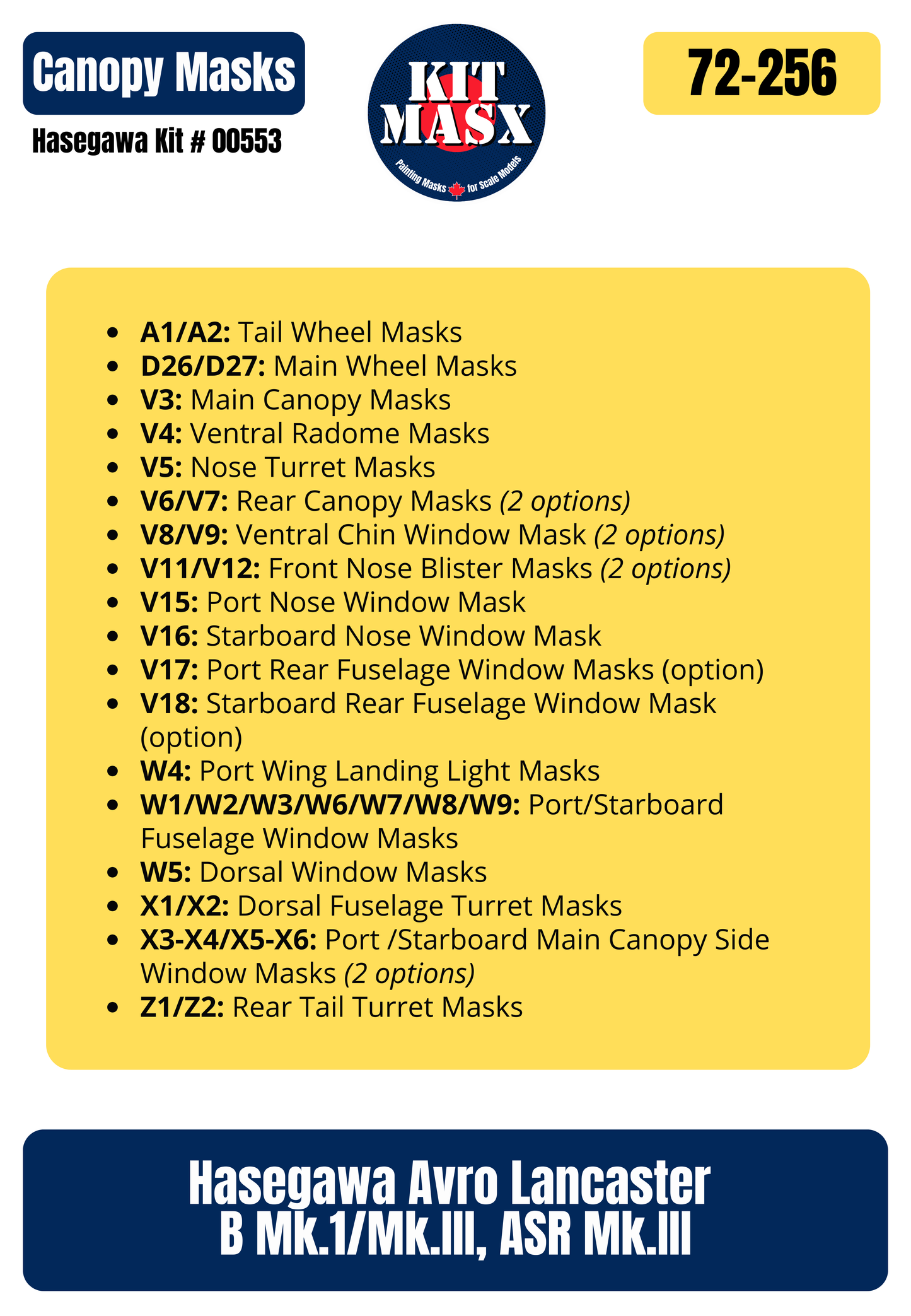 Hasegawa Avro Lancaster B Mk.1/Mk.III, ASR Mk.III 1/72 Canopy & Wheel Paint Masks, Kit # 00553