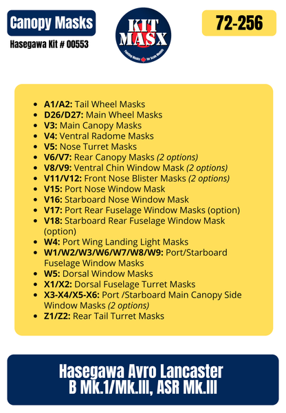 Hasegawa Avro Lancaster B Mk.1/Mk.III, ASR Mk.III 1/72 Canopy & Wheel Paint Masks, Kit # 00553