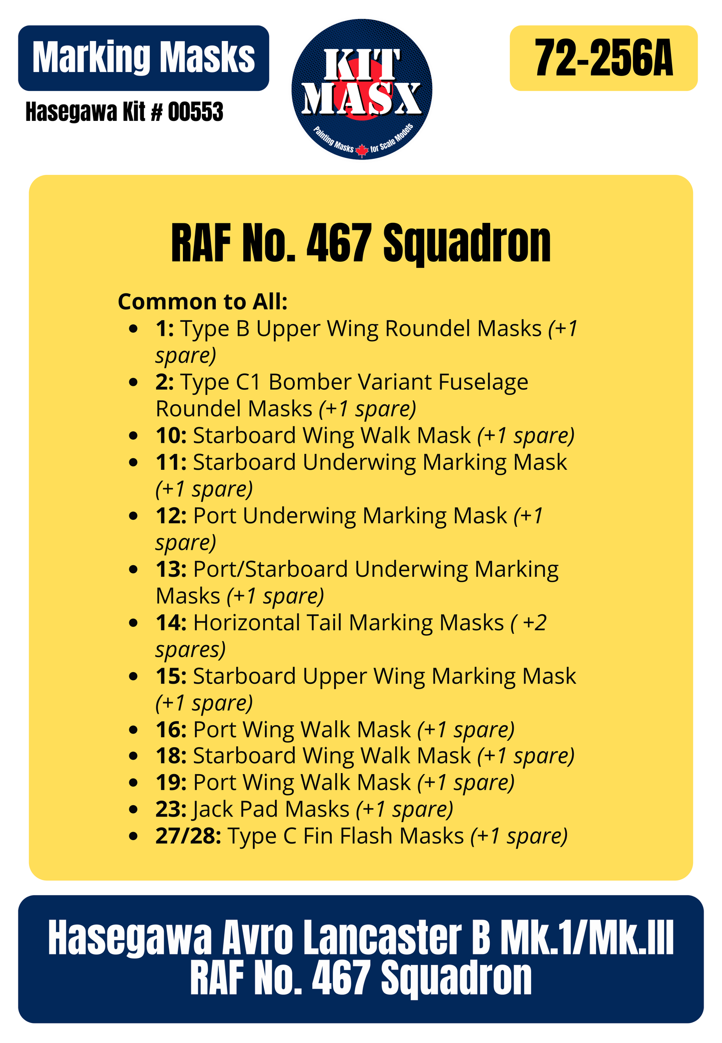 Hasegawa Avro Lancaster B Mk.1/Mk.III RAF No. 467 Squadron 1/72 All-in-One Master Mask Set, Kit # 00553