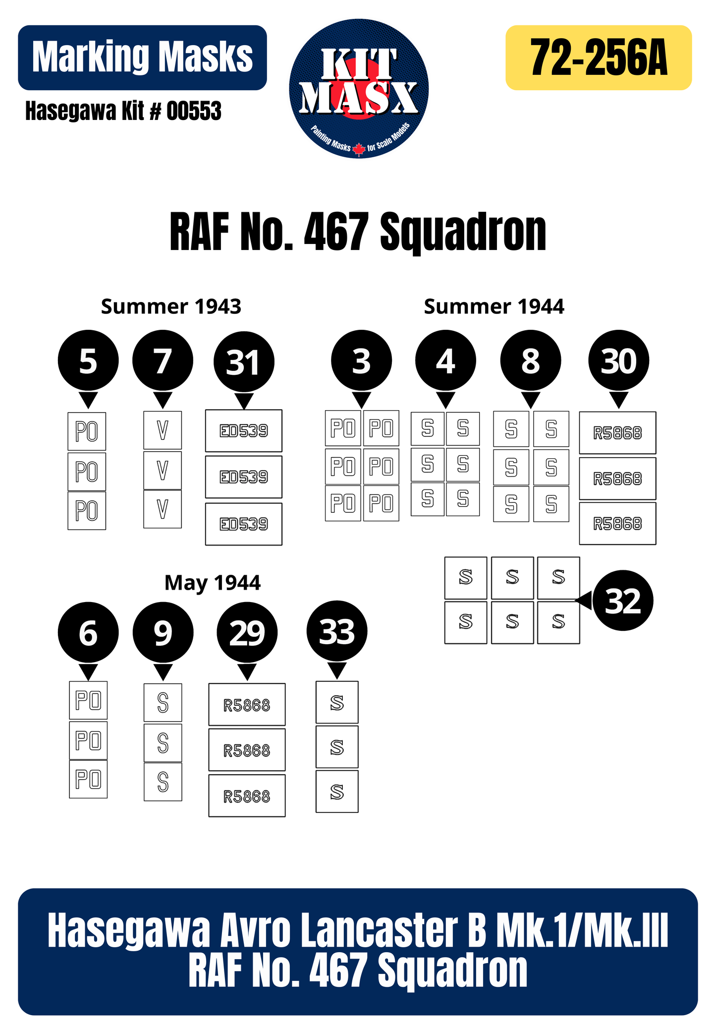 Hasegawa Avro Lancaster B Mk.1/Mk.III RAF No. 467 Squadron 1/72 All-in-One Master Mask Set, Kit # 00553