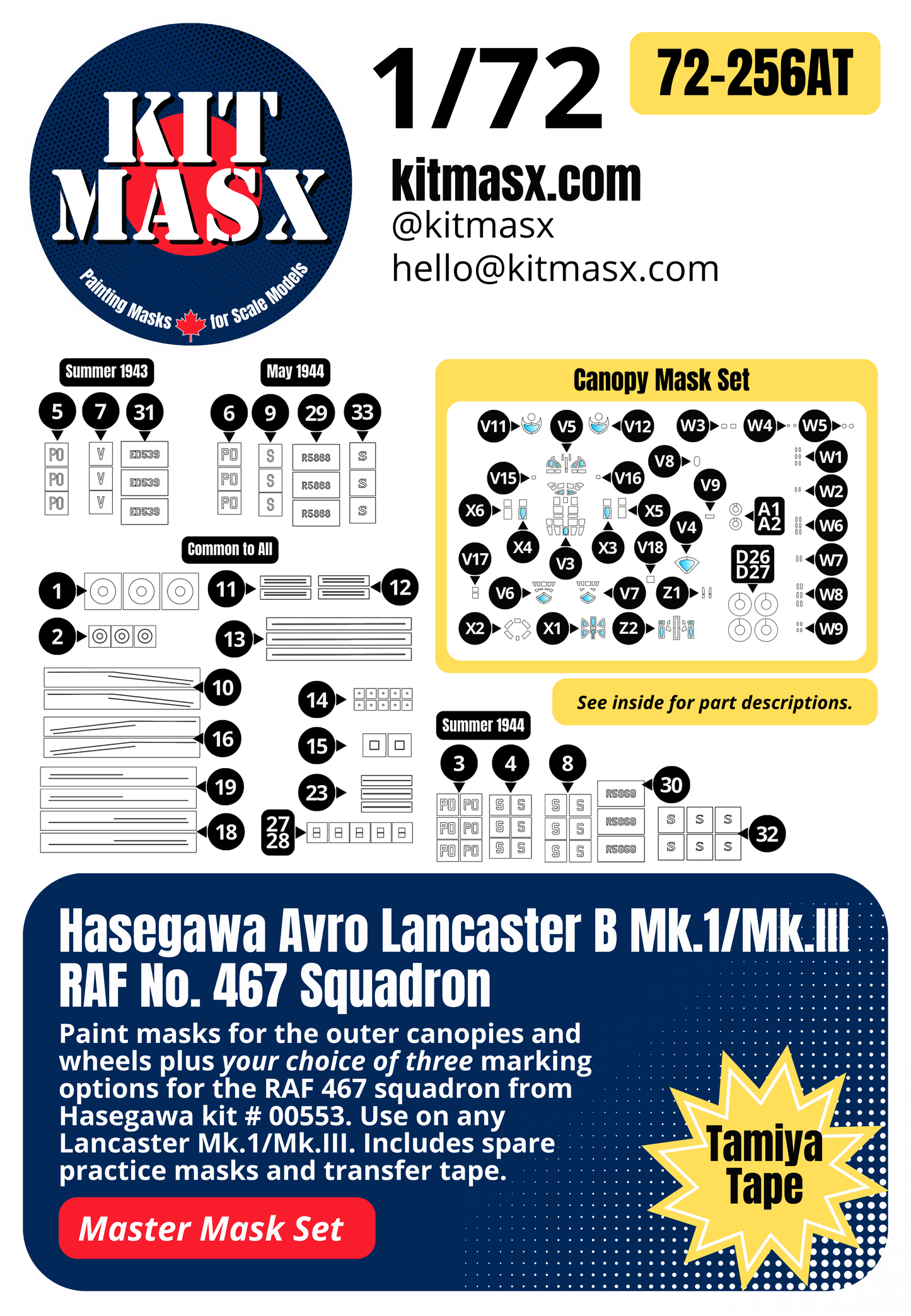 Hasegawa Avro Lancaster B Mk.1/Mk.III RAF No. 467 Squadron 1/72 All-in-One Master Mask Set, Kit # 00553