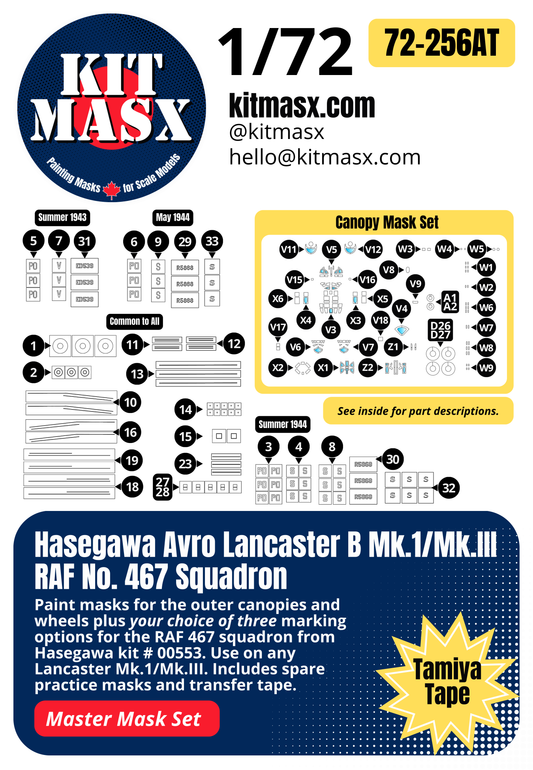 Hasegawa Avro Lancaster B Mk.1/Mk.III RAF No. 467 Squadron 1/72 All-in-One Master Mask Set, Kit # 00553