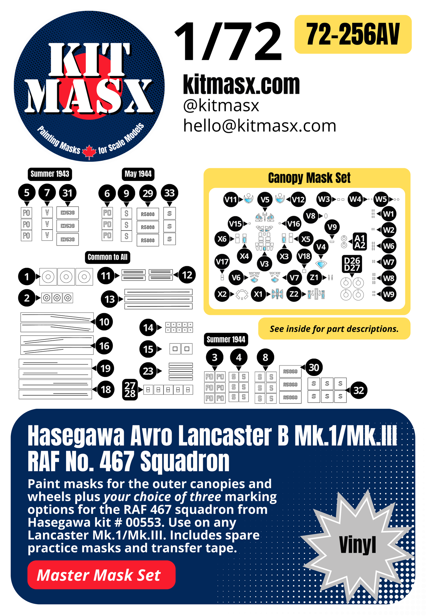 Hasegawa Avro Lancaster B Mk.1/Mk.III RAF No. 467 Squadron 1/72 All-in-One Master Mask Set, Kit # 00553
