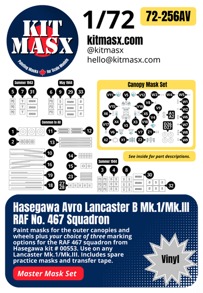 Hasegawa Avro Lancaster B Mk.1/Mk.III RAF No. 467 Squadron 1/72 All-in-One Master Mask Set, Kit # 00553