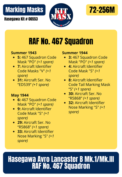 Hasegawa Avro Lancaster B Mk.1/Mk.III RAF No. 467 Squadron 1/72 Main Marking Paint Masks, Kit # 00553