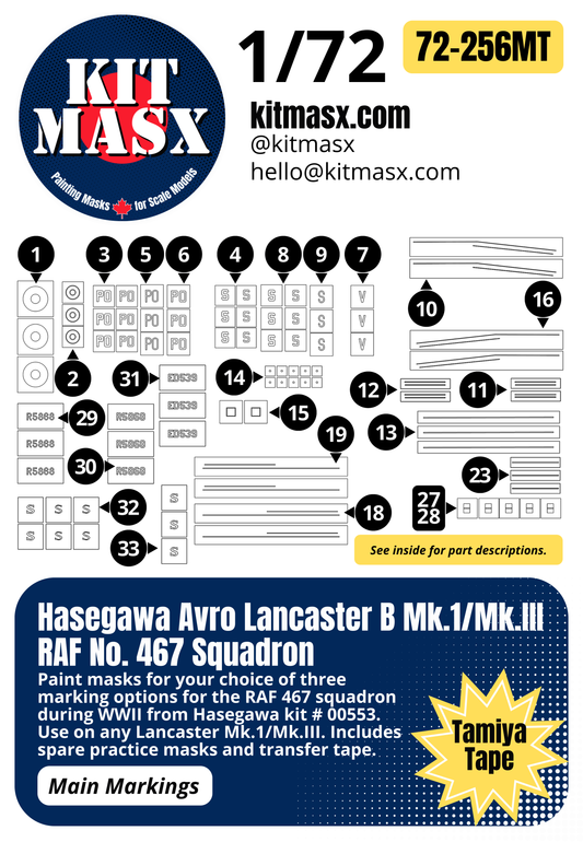 Hasegawa Avro Lancaster B Mk.1/Mk.III RAF No. 467 Squadron 1/72 Main Marking Paint Masks, Kit # 00553